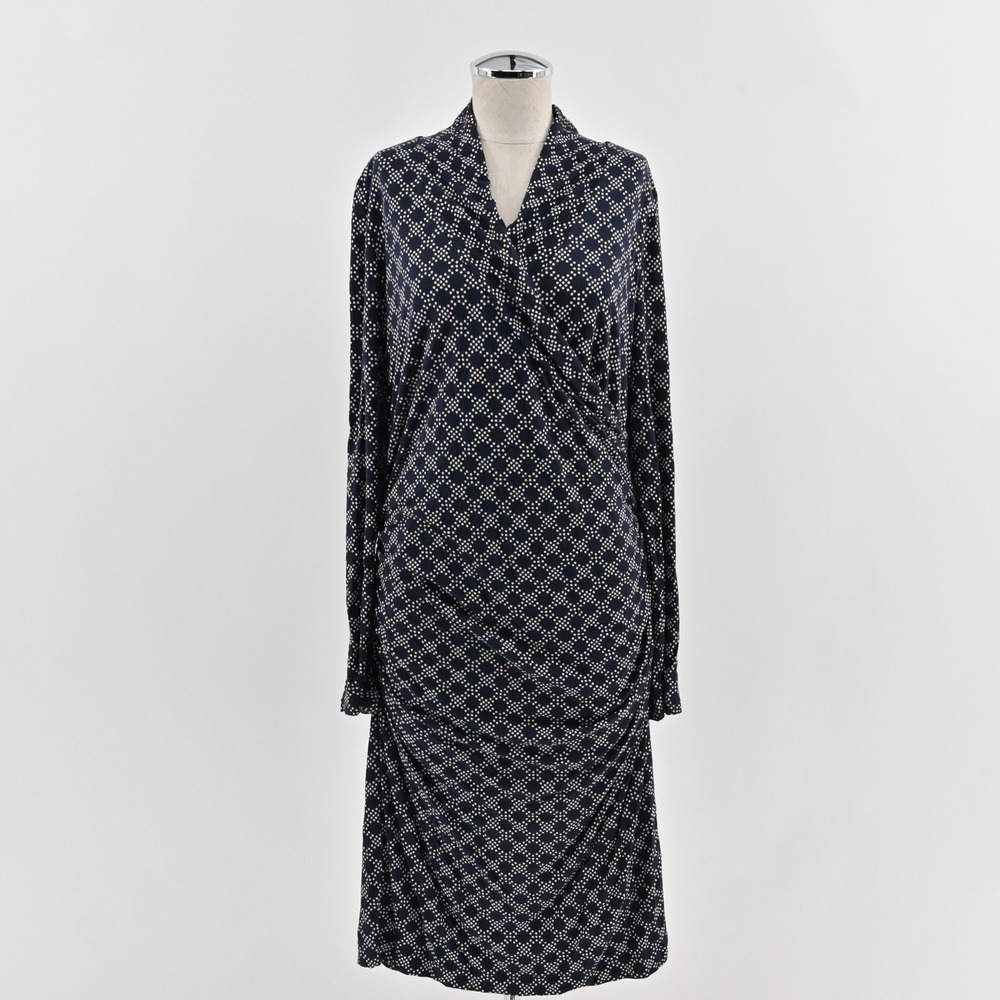 Boden Wool Faux Wrap Midi Dress‎ Size 12 Blue White Geometric Print Long Sleeve